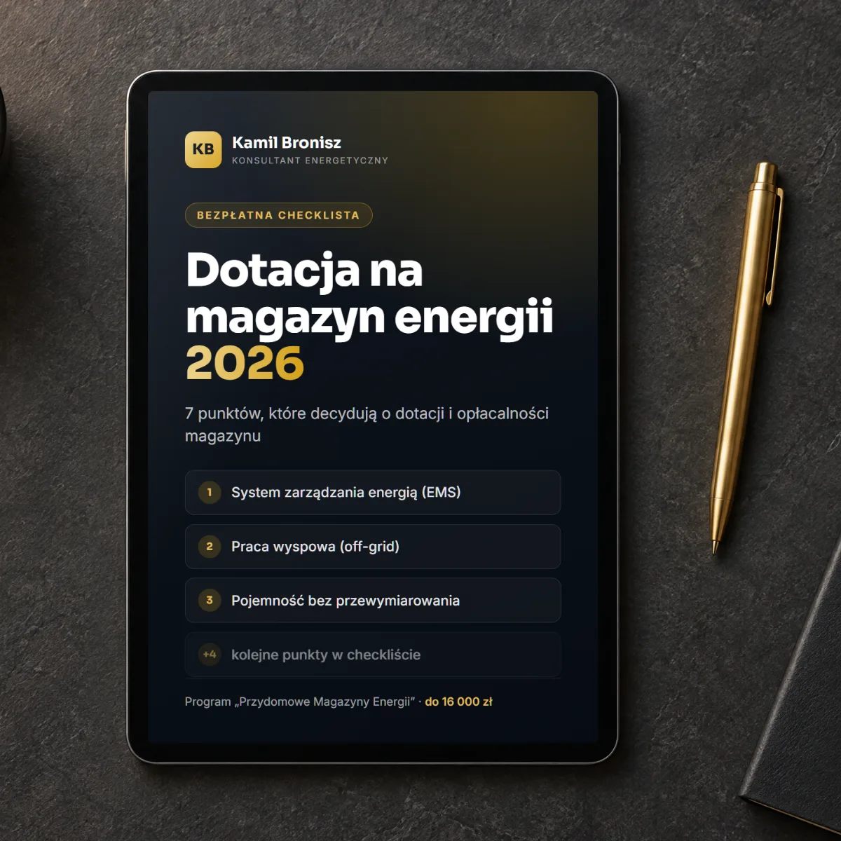 Okładka checklisty „Dotacja na magazyn energii 2026" na tablecie — 7 punktów, które decydują o dotacji i opłacalności magazynu
