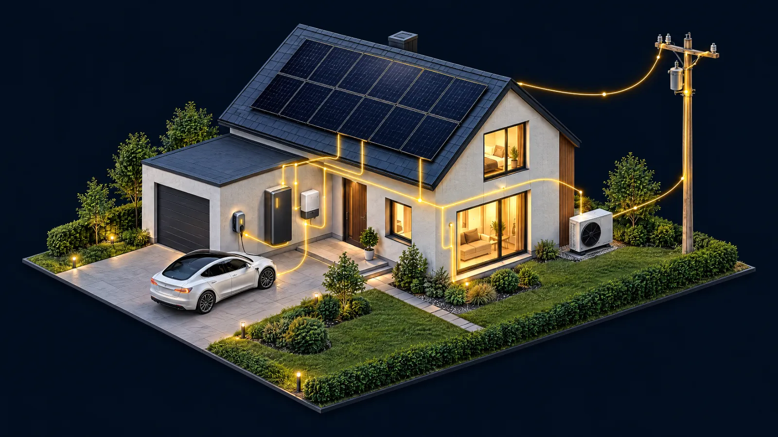 Ilustracja poglądowa: dom z fotowoltaiką, magazynem energii, ładowarką samochodu elektrycznego, pompą ciepła i przyłączem do sieci, połączonych przepływami energii